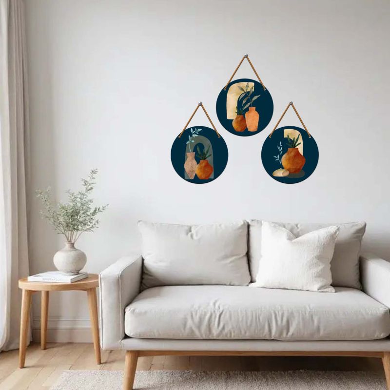 3-Piece Boho Round Wall Hanging Art Set Modern Abstract Circle Wooden